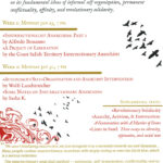 Activist poster for reading and Discussion Group on Anarchist Theory White poster, letter-sized with italic black font on white interface; Red Times New Roman Font, Beige Headings displaying time and details of activist event; Screenprint graphic of black birds and red illustration in lower left corner of horizon