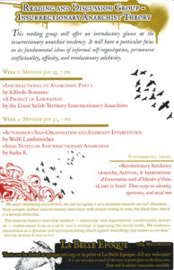 Activist poster for reading and Discussion Group on Anarchist Theory White poster, letter-sized with italic black font on white interface; Red Times New Roman Font, Beige Headings displaying time and details of activist event; Screenprint graphic of black birds and red illustration in lower left corner of horizon