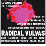 Poster for feminist event, black poster with white block lettering, pink and red graphic behind event descriptions