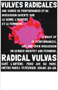 Poster for feminist event, black poster with white block lettering, pink and red graphic behind event descriptions