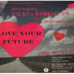 Heart graphic with black serifed font describing "Love Your Future" overlaid on picture of field horizon, blue sky with white clouds; White font in lower right corner describes event details