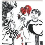 Red white and black illustration of two Indigenous women holding hands with red lettering on a grey and black background describing event details