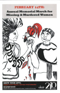 Red white and black illustration of two Indigenous women holding hands with red lettering on a grey and black background describing event details