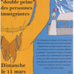 Torso and back of a person in handcuffs and an orange dress, in the deep blue horizon, a Plane is seen polluting over a prison bearing the Canadian flag; black text over blue background describe details of the event