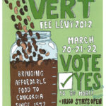 Jar of brown beans on green background; Green block lettering announces to Vote Yes beside a check-box with green checkmark; White block lettering announces details of the event