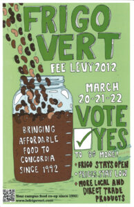 Jar of brown beans on green background; Green block lettering announces to Vote Yes beside a check-box with green checkmark; White block lettering announces details of the event