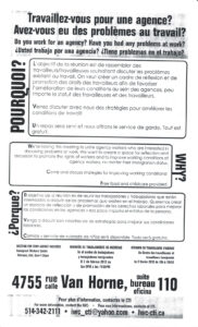 Black text and outlined boxes float on a white background detailing event details; Included in the address in larger block lettering and three boxes labelled "Pourquoi?" "Quand" and "Porque" encircling text in accompanying languages; email information is included in a separate footer