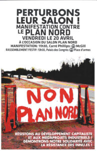 A highway and large sign with red, hand-painted lettering: "NON PLAN NORD"; Black and white bloc lettering outline event