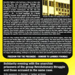 Black containers float over yellow background; White text outlines details of activist rally; An anarchist star is pictured bottom left; A prison complex is featured top right