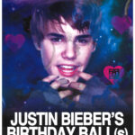 A portrait of Justin Bieber floats in a vortex of interplanetary mist; White block lettering outlines title and details of event; Pink banner of text sits along top edge of poster