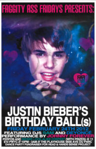 A portrait of Justin Bieber floats in a vortex of interplanetary mist; White block lettering outlines title and details of event; Pink banner of text sits along top edge of poster