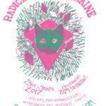 A silkscreen pink and green cat are central to a white page with pink and green hand-drawn lettering outlining details of an activist festival