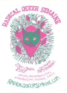 A silkscreen pink and green cat are central to a white page with pink and green hand-drawn lettering outlining details of an activist festival 