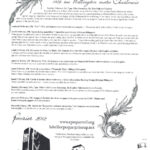 Black city-scape silk-screen is featured along base of page; Black lettering and floral calligraphic accents frame details of an event