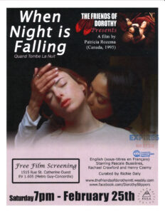 Two women embracing on black background behind titling and event details for a film screening and organizers' logo; Same couple pictured reclined in a bed in the top right corner of page